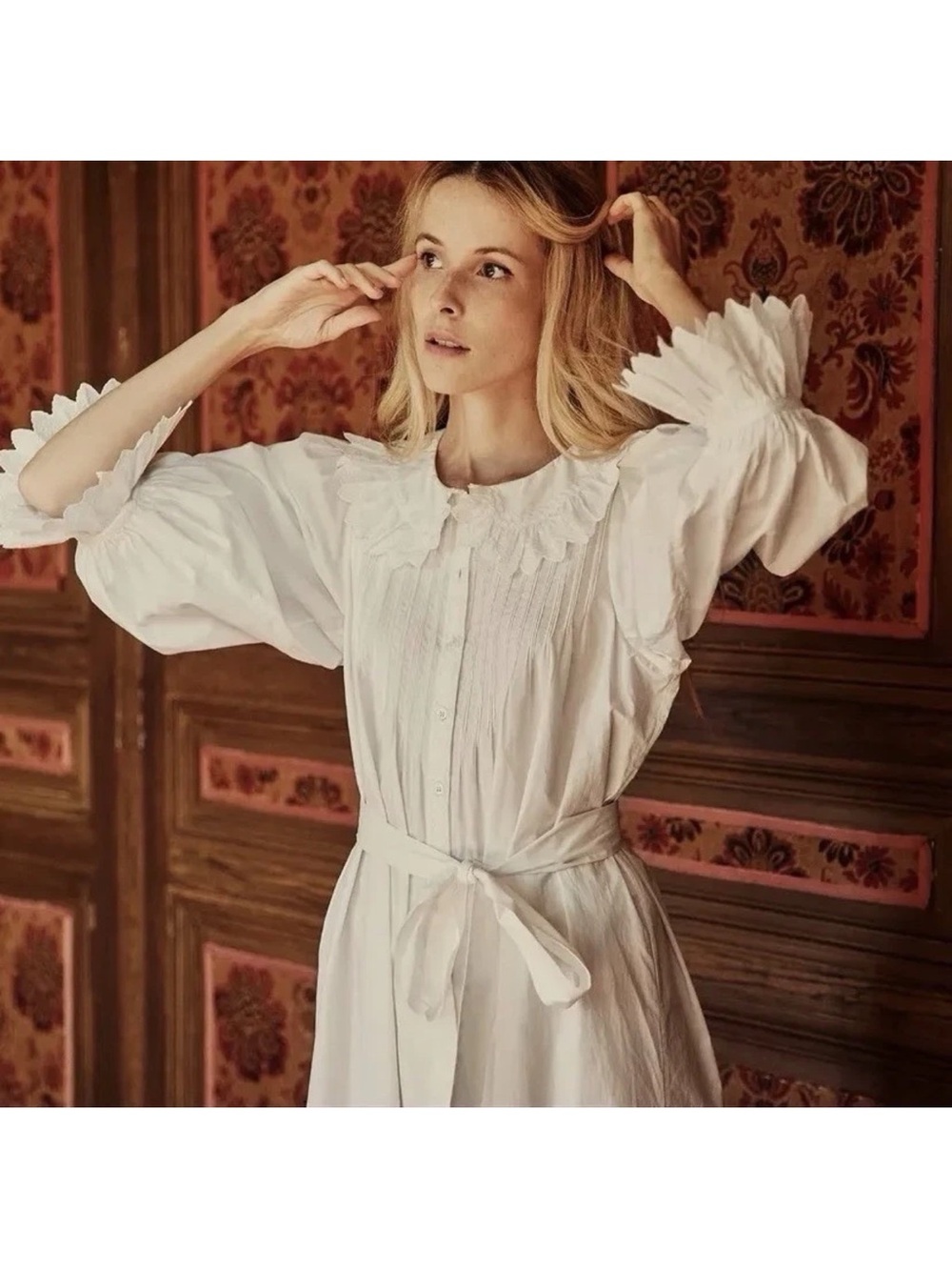 Doen Helena Powder Ruffle Embroidered Nightgown Dress